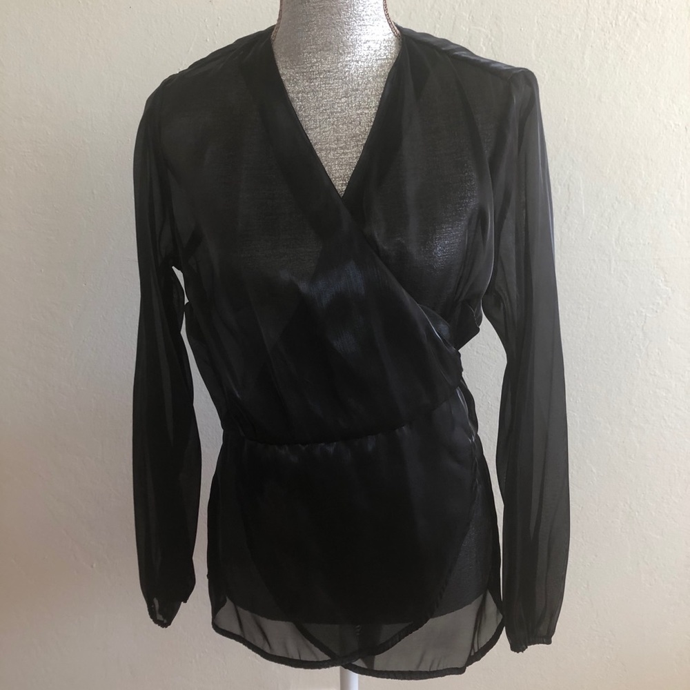 INC Black Long Sleeve Sheer Wrap Blouse
